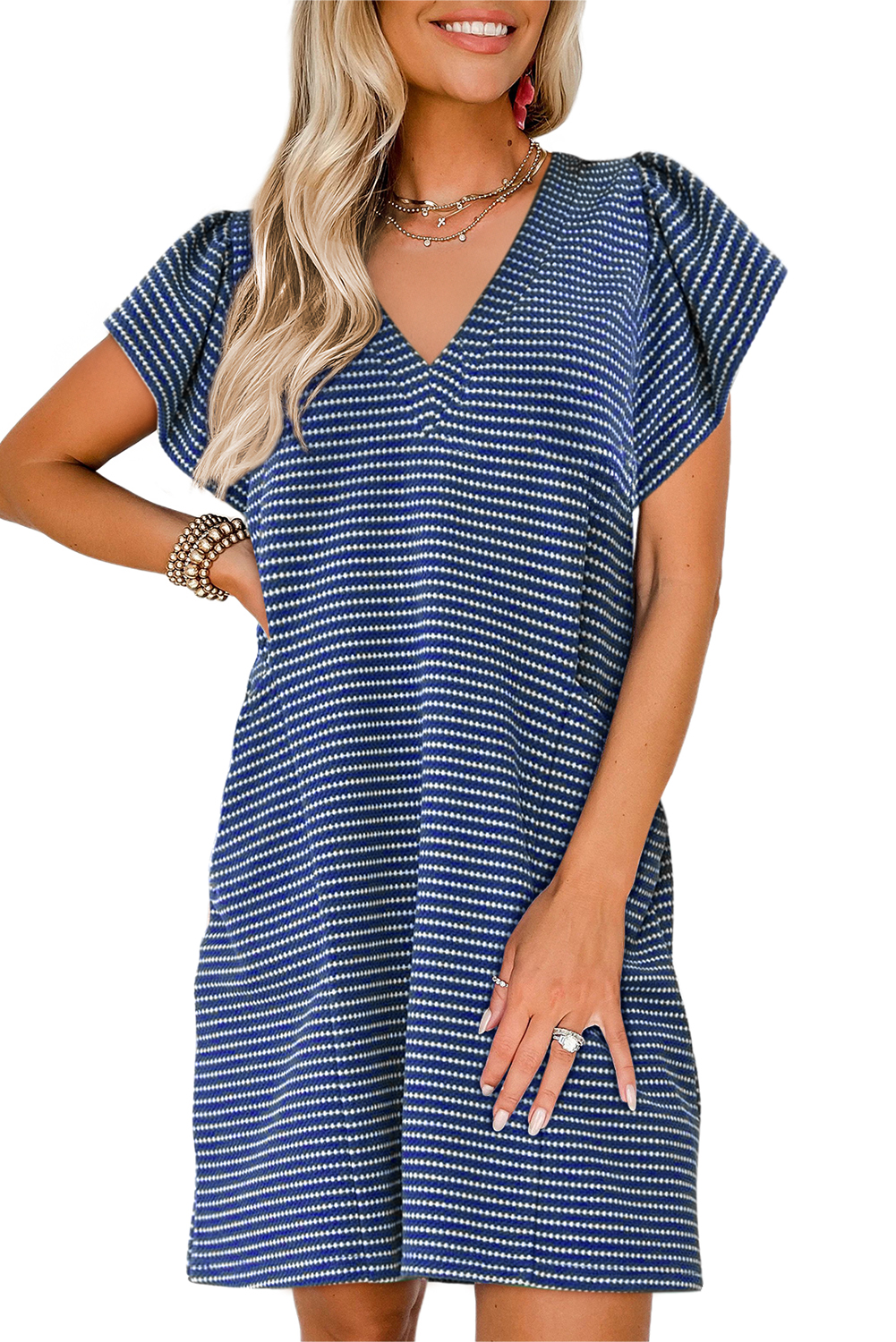 Blue Stripe Textured Knit V Neck Flutter Sleeve Shift Mini Dress - Image 4