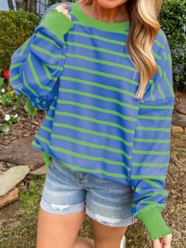 Sky Blue Stripe Trimmed Round Neck Drop Shoulder Loose Sweater