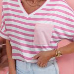 Pink Stripe V Neck Patched Pocket Casual T Shirt