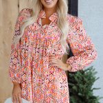 Khaki Abstract Printed Long Sleeve Tied Neckline Mini Dress