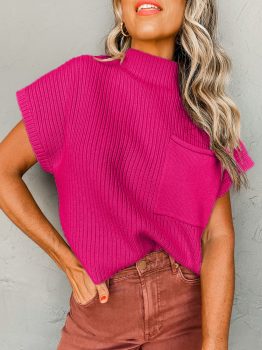 Rose Red Patch Pocket Ribbed Knit Short Sleeve Sweater