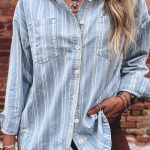 Sky Blue Stripe Boyfriend Chest Pocket Classic Denim Shacket