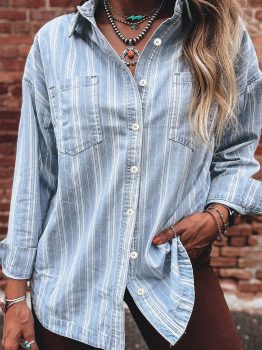 Sky Blue Stripe Boyfriend Chest Pocket Classic Denim Shacket