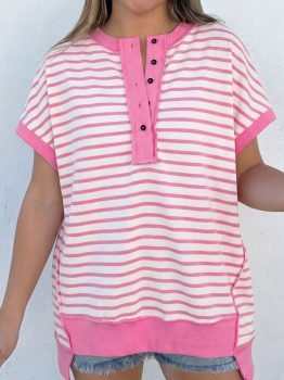 Pink Stripe Half Placket High Low Short Sleeve Top