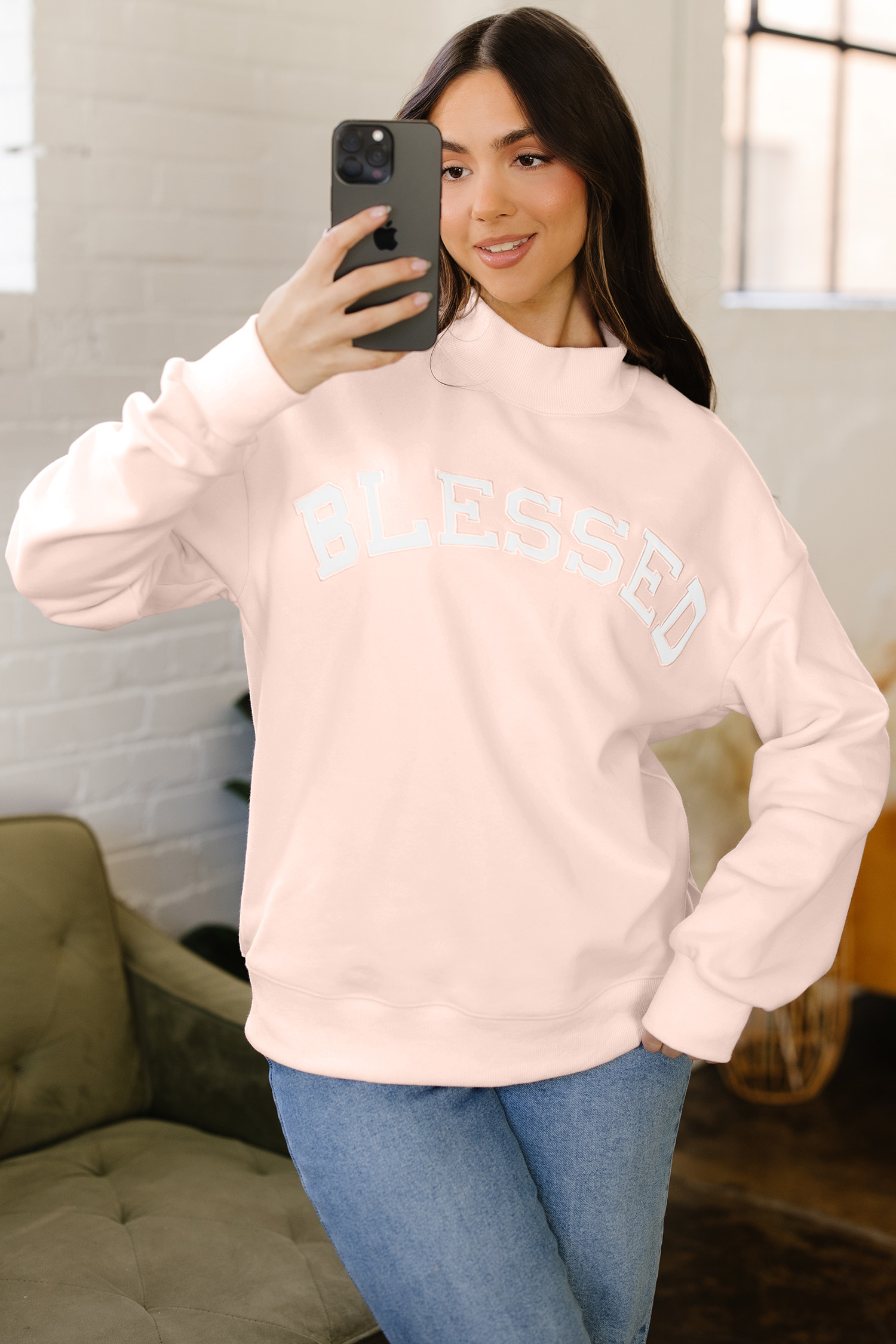 Light Pink Oversize Blessed Embroidered Mock Neck Sweatshirt - Image 6