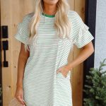 Green Stripe Ruffled Short Sleeve Crew Neck T Shirt Shift Mini Dress