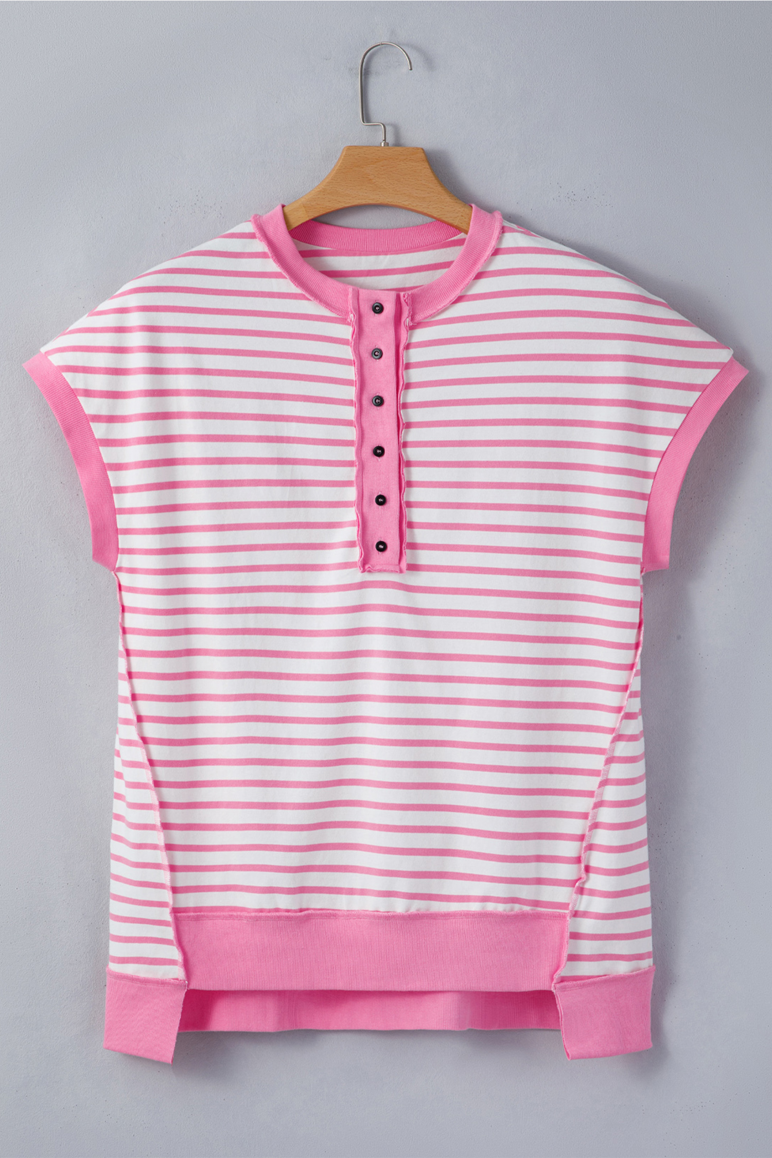 Pink Stripe Half Placket High Low Short Sleeve Top - Image 3