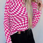 Rose Checkered Pattern Mesh Mock Neck Long Sleeve Top