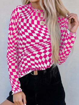 Rose Checkered Pattern Mesh Mock Neck Long Sleeve Top