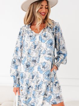 Sky Blue Floral Print Tie Neck Long Sleeve Flowy Mini Dress