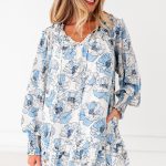 Sky Blue Floral Print Tie Neck Long Sleeve Flowy Mini Dress