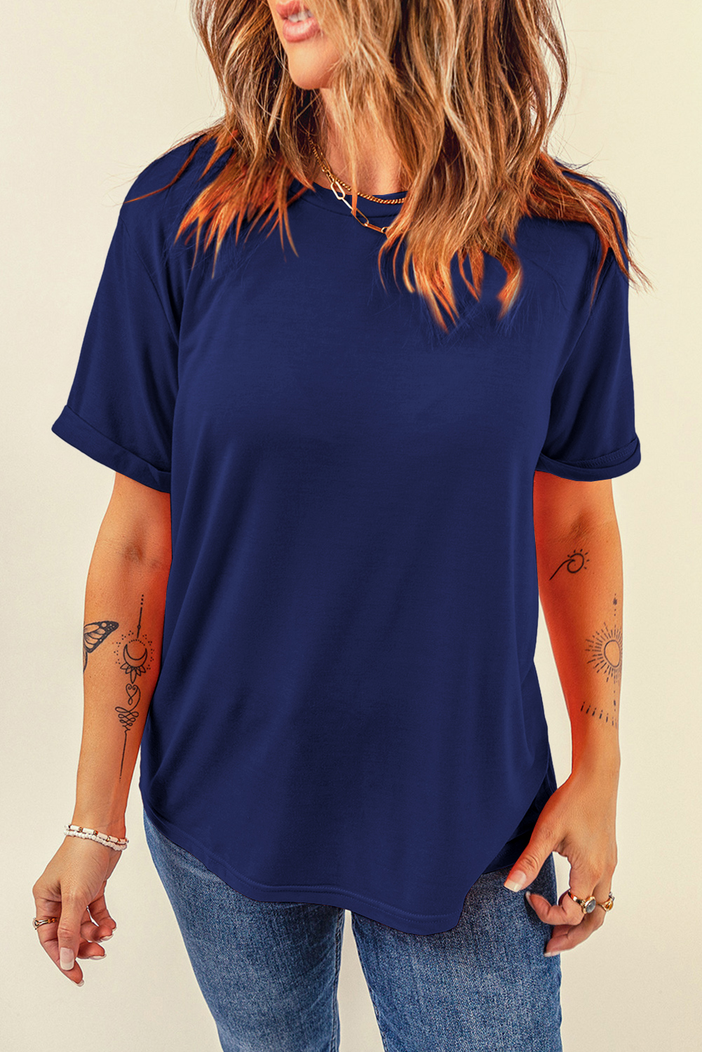 Blue Casual Plain Crew Neck Tee - Image 4