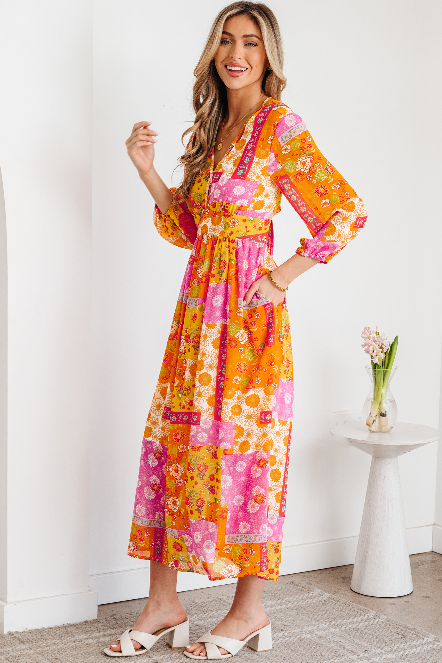 Orange Floral Patchwork Print Cut out Tied Back Bracelet Sleeve Maxi Dress - Image 5