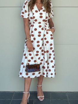 White Polka Dot Printed V Neck Short Sleeve Tie Waist Midi Dress