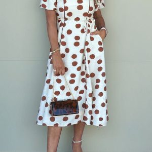 White Polka Dot Printed V Neck Short Sleeve Tie Waist Midi Dress