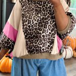 Brown Leopard Print Color Block Patchwork 3/4 Sleeve Loose Top