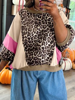 Brown Leopard Print Color Block Patchwork 3/4 Sleeve Loose Top