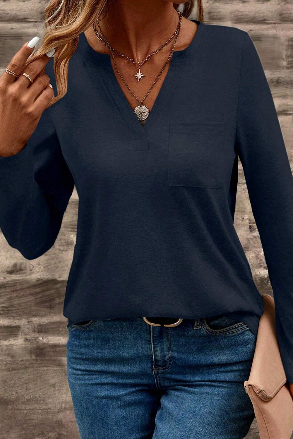 Dirty blue Notch V Neck Pocket Patched Long Sleeve T Shirt - Image 5