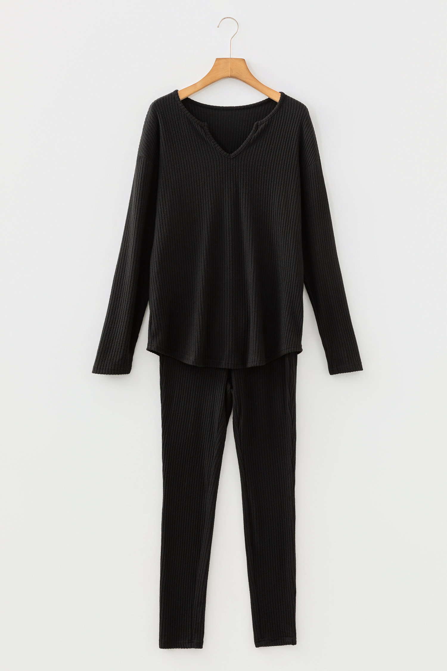 Black Ribbed Notched Neck Knit Long Sleeve Leggings Two Pieces Lounge Set - Image 7