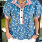 Blue Retro Floral Print Striped Trim Button Neck Short Sleeve Blouse