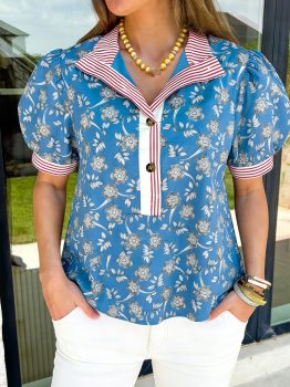 Blue Retro Floral Print Striped Trim Button Neck Short Sleeve Blouse