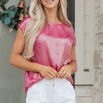 Bright Pink Metallic Round Neck Cap Sleeve Tee