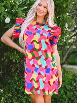 Rose Red Abstract Print Ruffle Sleeve Shift Dress