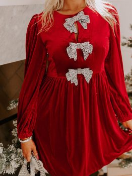 Fiery Red Bowknot Decor High Waist Velvet Mini Dress