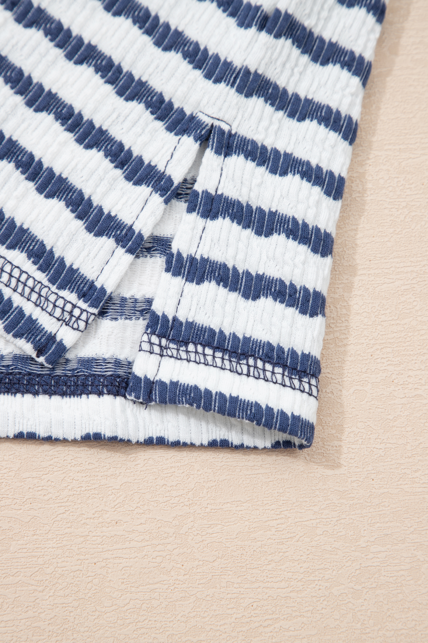 Blue Stripe Textured Knit Split Hem Half Sleeve Loose Top - Image 8