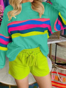 Green Colorful Striped Accent Long Sleeve T Shirt
