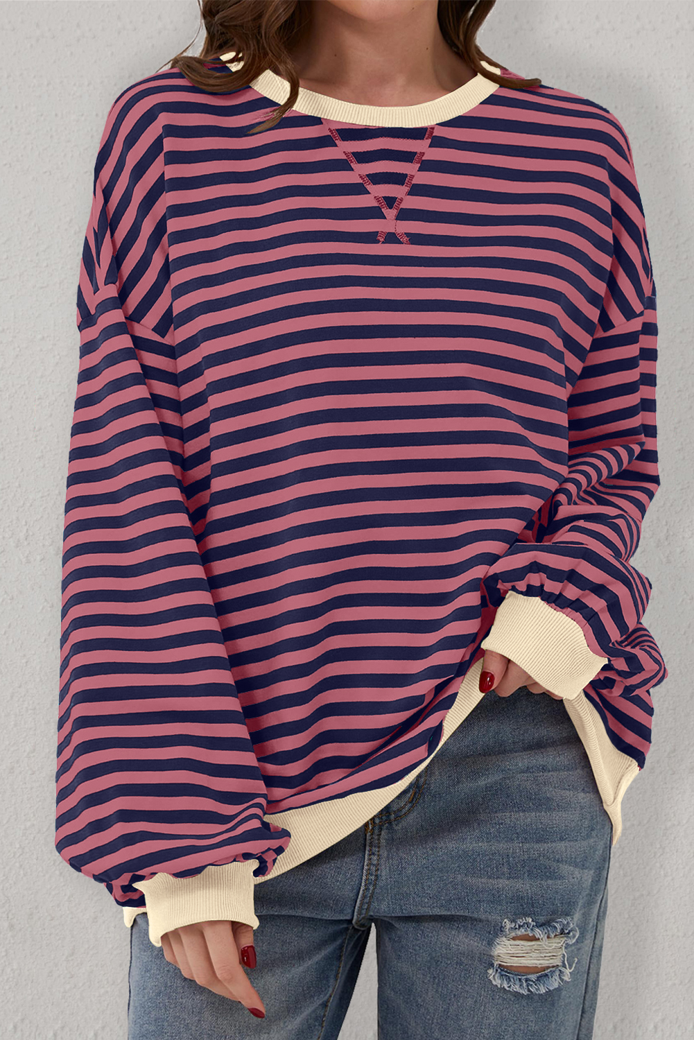 Red Stripe Oversized Contrast Trim Pullover Sweatshirt - Image 4