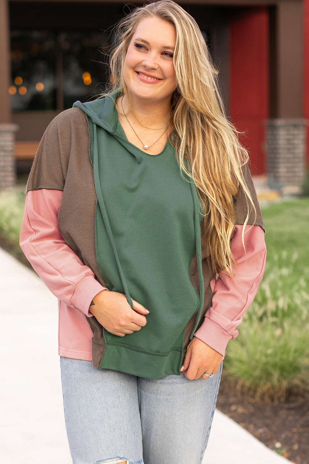 Breen Plus Size Colorblock Patchwork V Neck Hoodie - Image 4