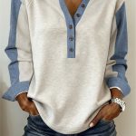 Light Grey Denim Patchwork Buttoned Polo Collar Long Sleeve Top