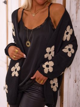 Black Floral Print Knitted Open Front Loose Cardigan