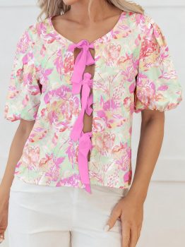 Pink Ribbon Knot Front Floral Short Puff Sleeve Blouse