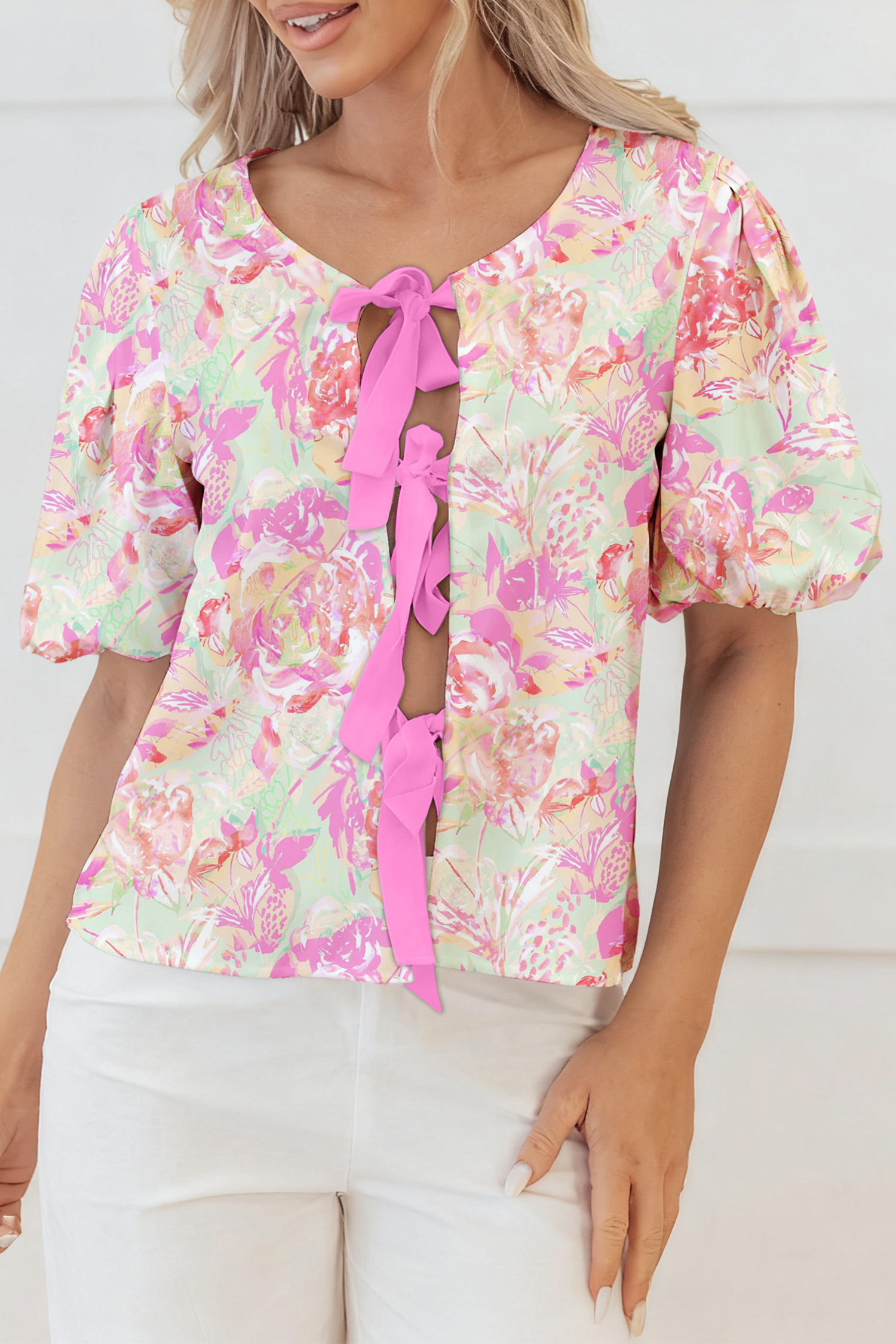 Pink Ribbon Knot Front Floral Short Puff Sleeve Blouse