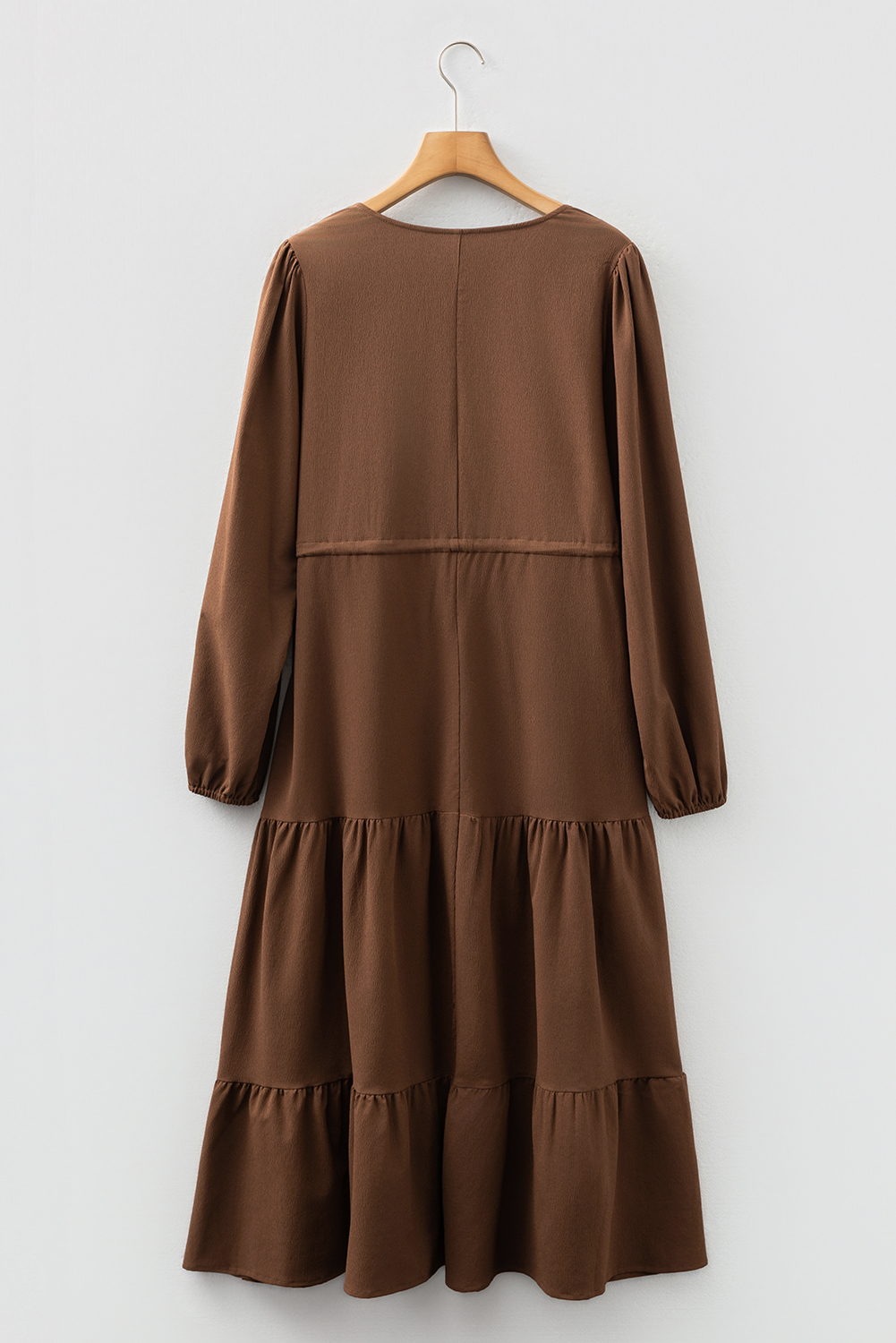 Chestnut Solid Long Sleeve Button V Neck Tiered Maxi Dress - Image 6