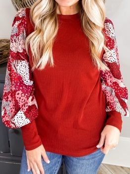 Fiery Red Contrast Mixed Animal Print Lantern Sleeve Patchwork Top