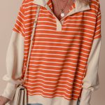 Orange Stripe Color Block Loose Fit Collared Drop Shoulder Sweatshirt