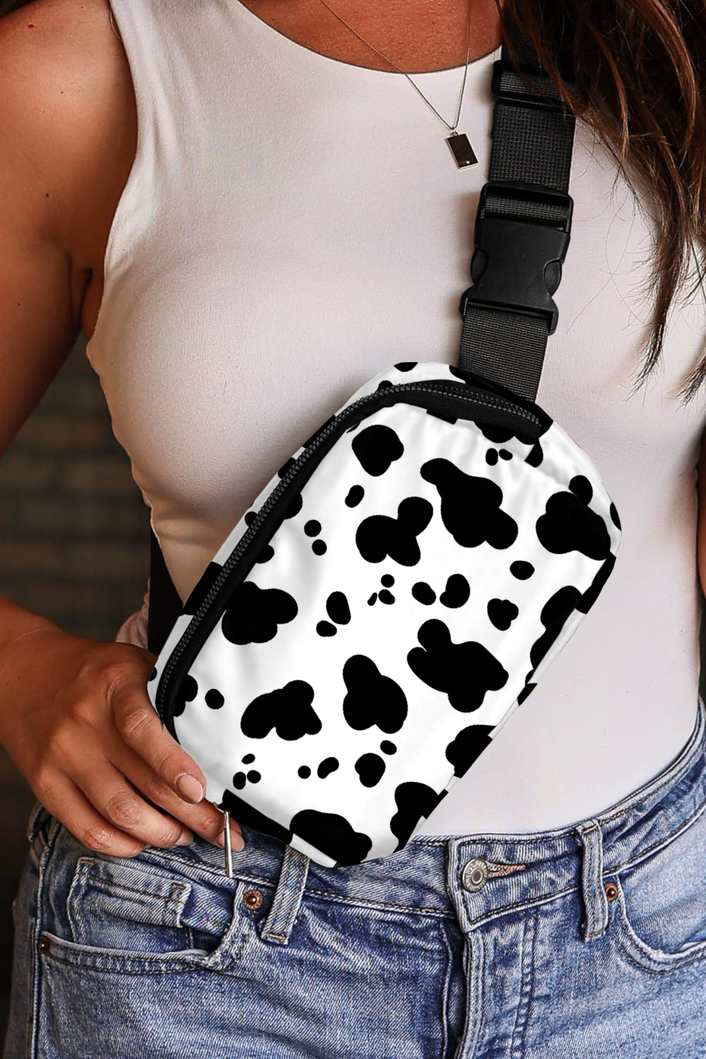 White Cow Pattern Print Buckle Wide Belt Inclined Shoulder Bag - Image 8