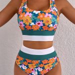 Dearlove Green Floral Print Racerback Cutout High Waist 2pcs Bikini