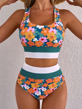 Dearlove Green Floral Print Racerback Cutout High Waist 2pcs Bikini