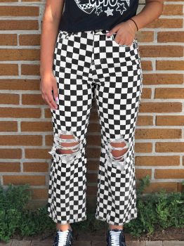 Black Checkerboard Print Distressed Holes Raw Edge Cropped Jeans