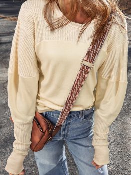Beige Thermal Knit Patchwork Exposed Seam Long Sleeve Top