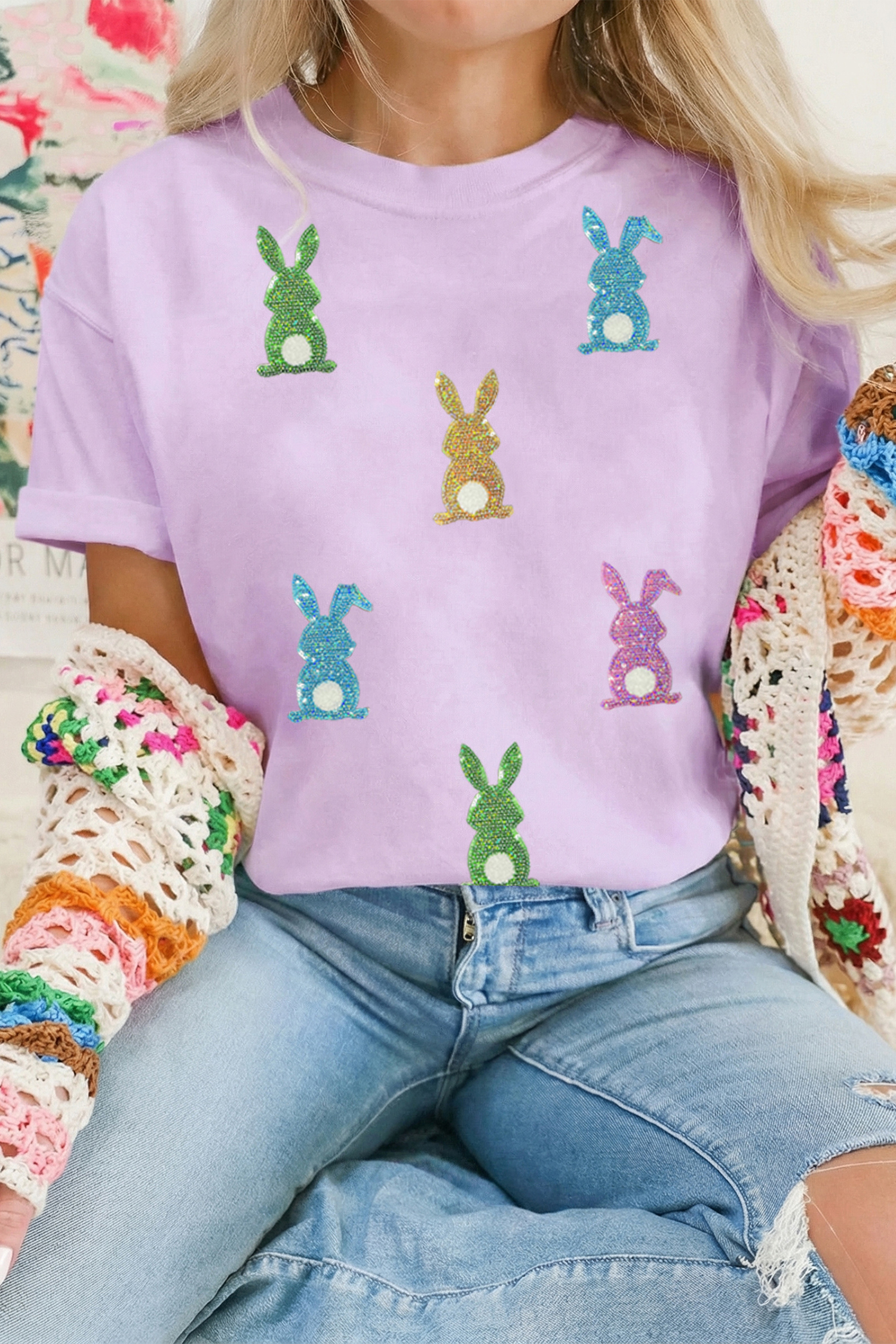 Wisteria Sequin Easter Bunny Patched Tee