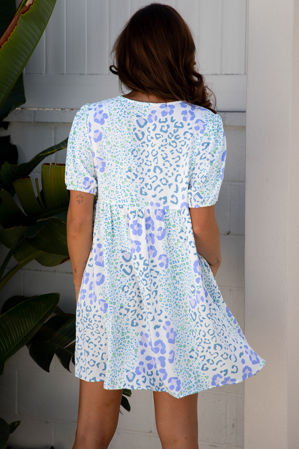 Sky Blue Leopard Contrast Bow Puff Sleeve Mini Dress - Image 2