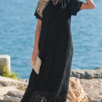 Black Floral Lace Overlay Tassel Tie Short Sleeve Beach Vacation Loose Maxi Dress