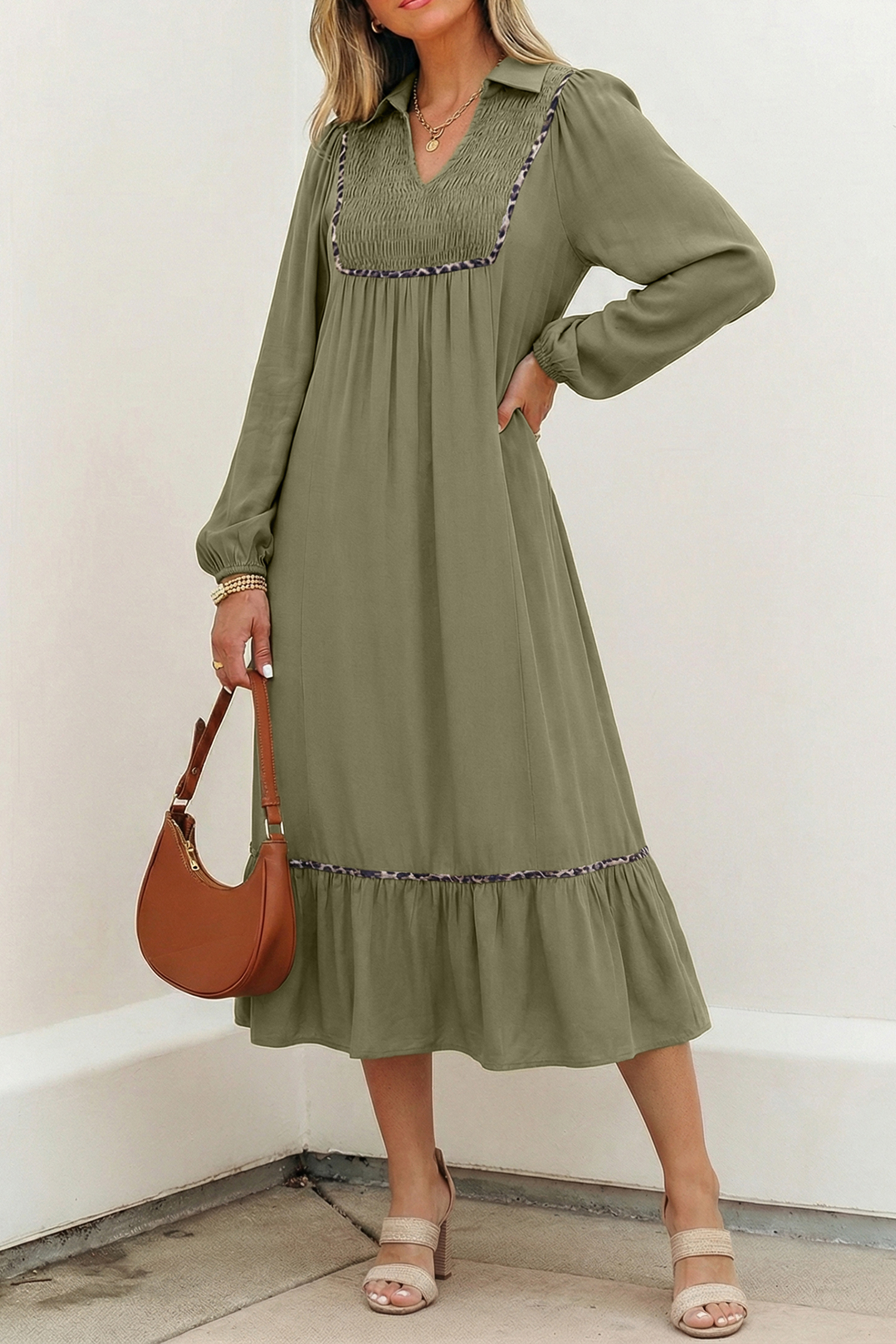 Four Leaf Clover Collared V Neck Smocked Detail Contrast Leopard Trim Bracelet Sleeve Long Dress - Image 2