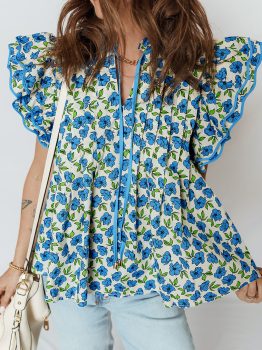 Sky Blue Tiered Flutter Sleeve Pleated Flower Blouse