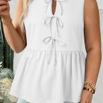 White Plus Size Solid Color Bow Tie Peplum Tank Top